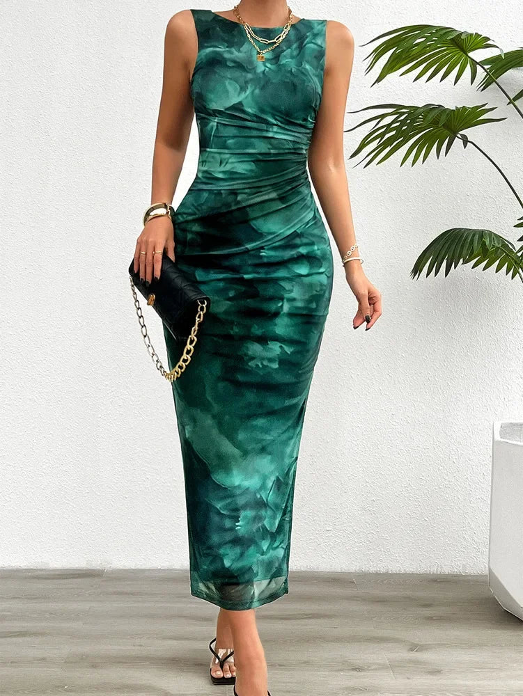 Women's Round Neck Style Slimming Sleeveless Dress With Split Bottom -