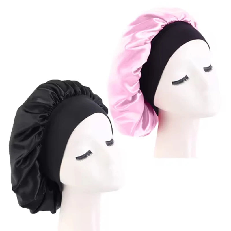 Protect your hair in style with these satin solid bonnets. Featuring a wide-brim design, these hats are perfect for night sleeping or bathing and are suitable for both men and women. -