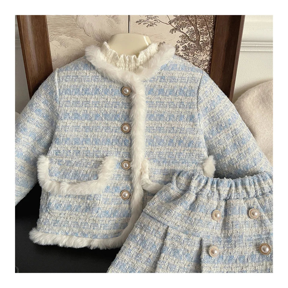 Children's Clothing Sets Tweed Scented Suit Fleece Coat + Pleated Skirt 2pcs Sets Baby Girl Clothes Kids Clothes 2 To 7 Years -