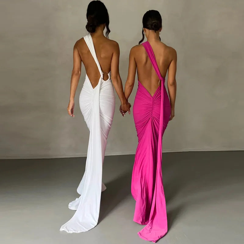 One Shoulder Sleeveless Backless Maxi Dress -