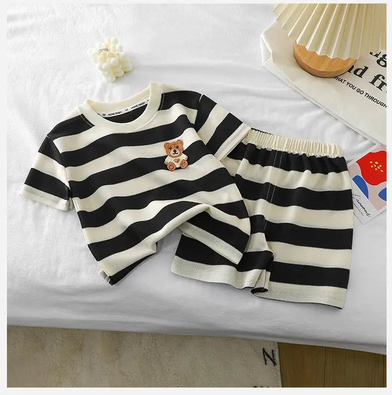 Children's Clothes Short-sleeved Suit Striped Top+shorts 2-piece T-shirt Summer Baby Clothes Children Clothing Boys Girls -