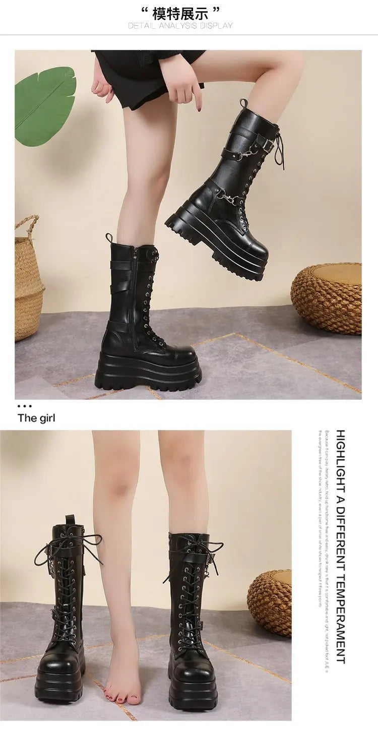Plus Size 43 Autumn Women Boots Buckle Round Toe Wedges Platform Boots Punk Goth INS Women Street Shoes Combat Boots for Women -