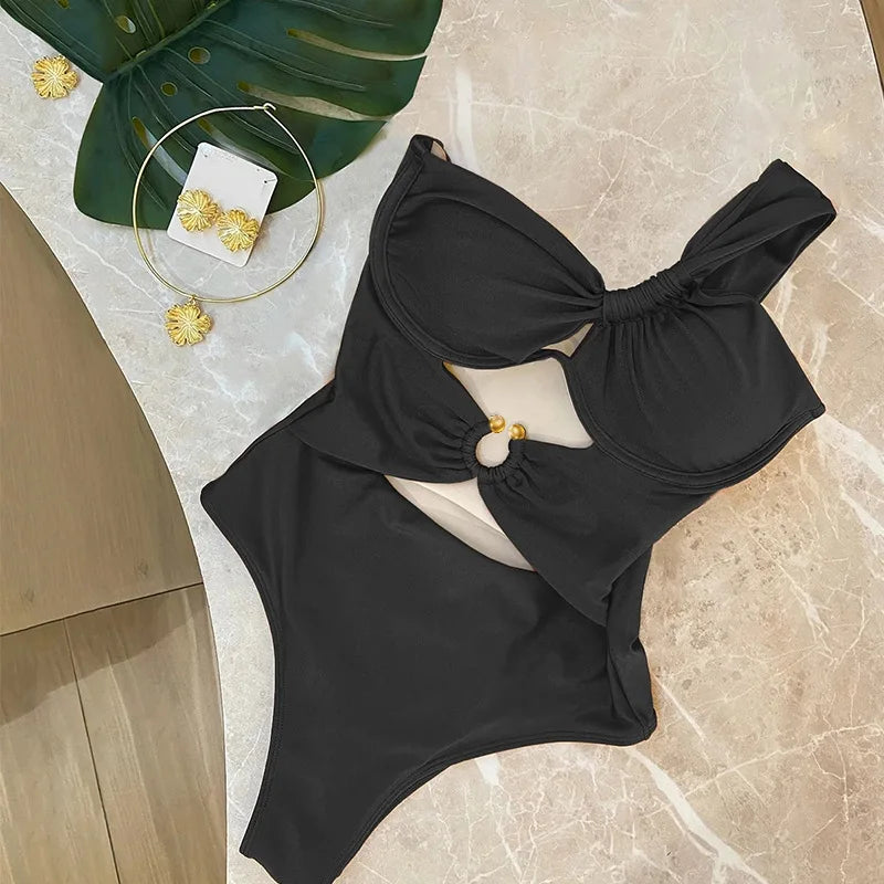 One Shoulder Swimsuit Women Swimwear 2025 Sexy Bikinis Female Biquini Hollowen Swim Suits Cut Out Bodysuit Bathingsuit Beachwear -