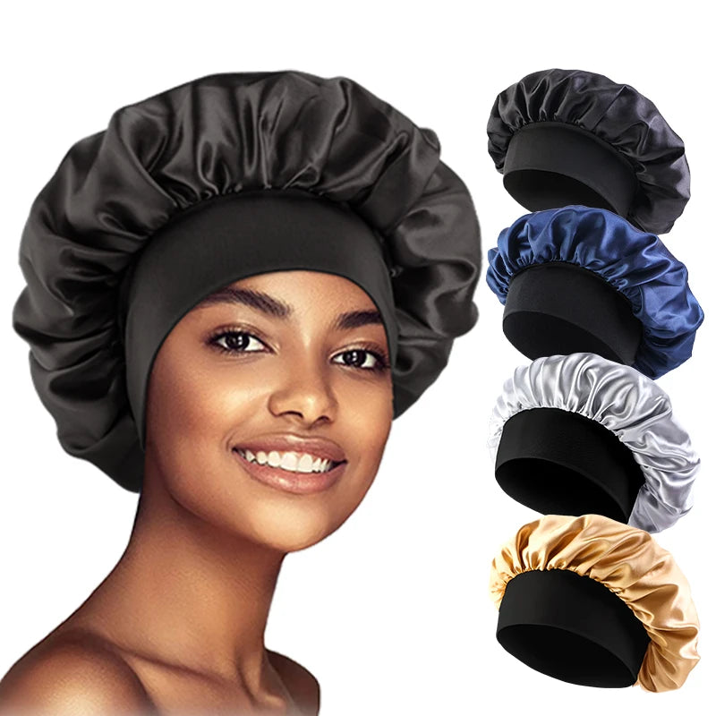 Protect your hair in style with these satin solid bonnets. Featuring a wide-brim design, these hats are perfect for night sleeping or bathing and are suitable for both men and women. -