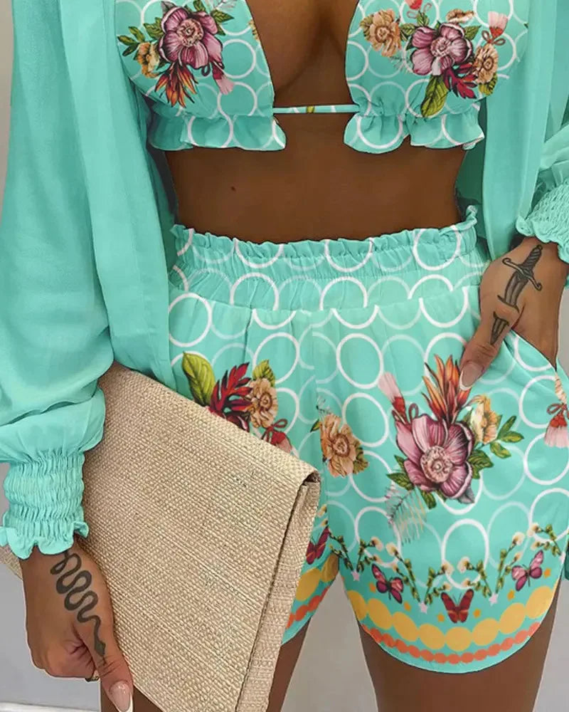 2024 New Bathing Suit Shorts Cover Up Summer Three Pieces Swimwear Sexy Beachwear High Waist Bikini Set Print Women's Swimsuit -
