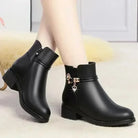 Winter Boots Women's Waterproof Warm Leather Mother Cotton Boots Fashion Black Mid heel Plush Snow Boots Soft Sole Short Boot -