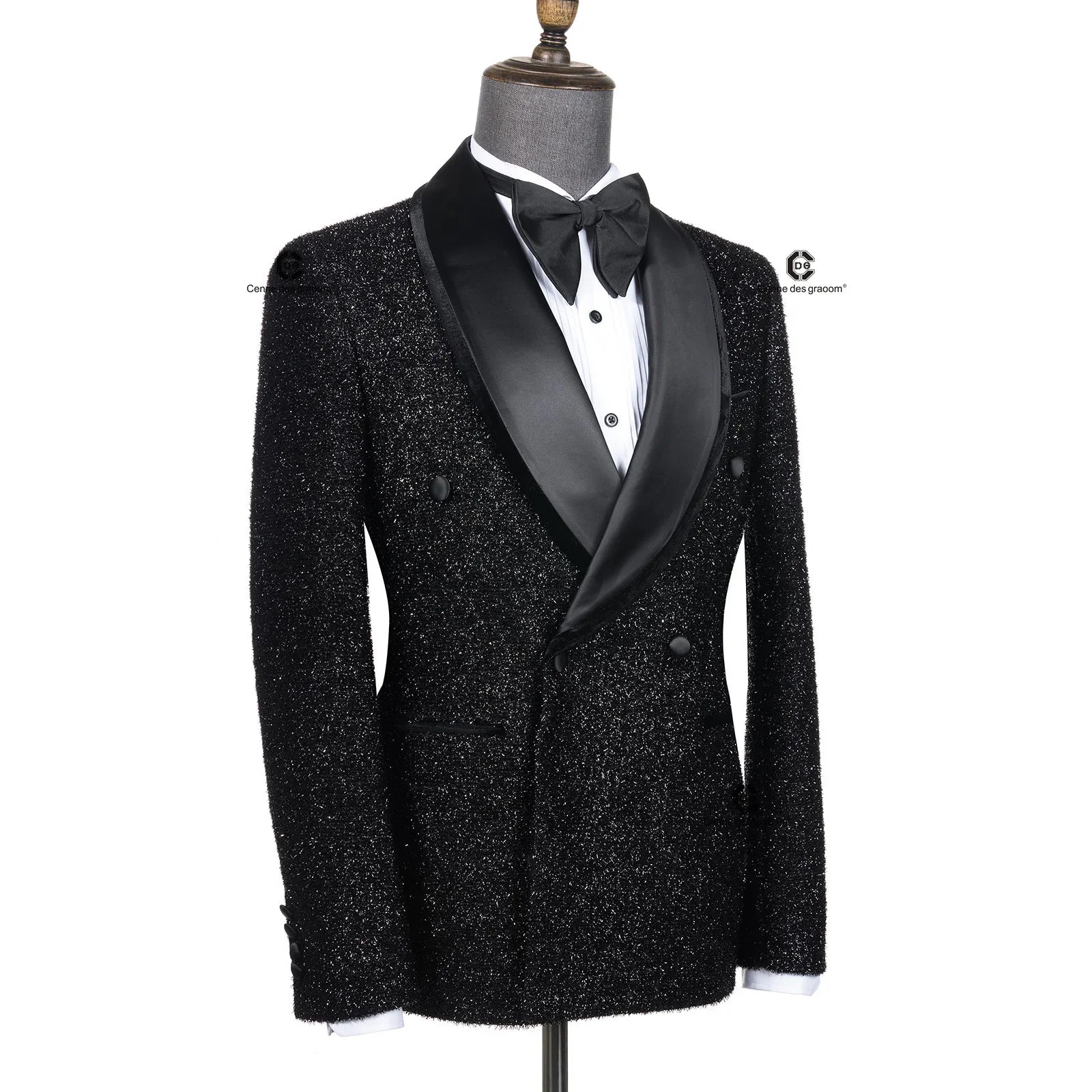 Fashion Shiny Black Men's Suits Slim Fit Double Breasted Shawl Lapel 2 Piece Jacket Pants Male Clothing Prom Party Outfits -