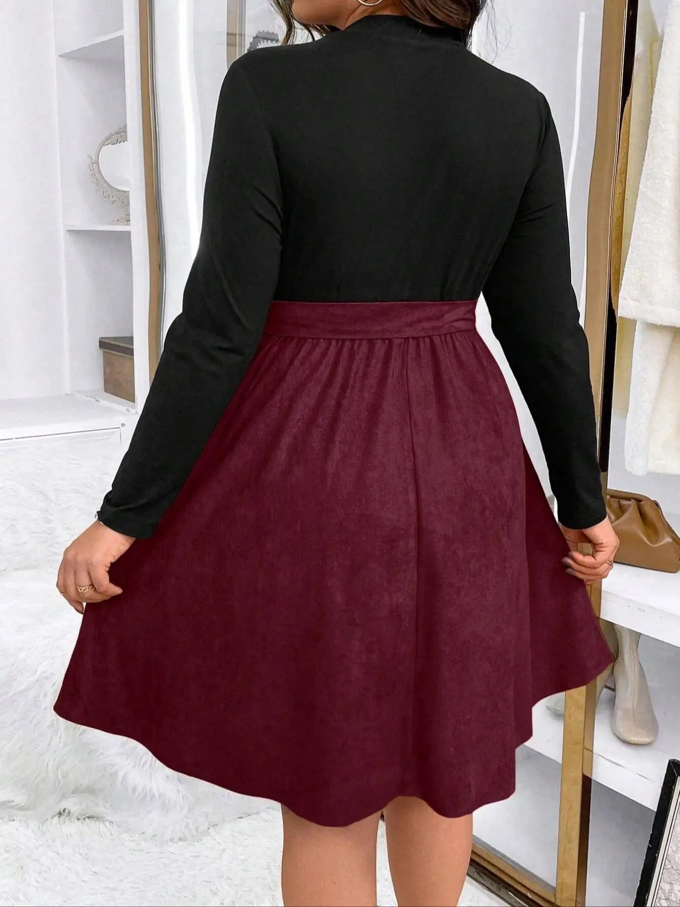 Women's patchwork dress with two-color waistband, plus size, autumn and winter, large size, double-color belt, A-line dress, can -