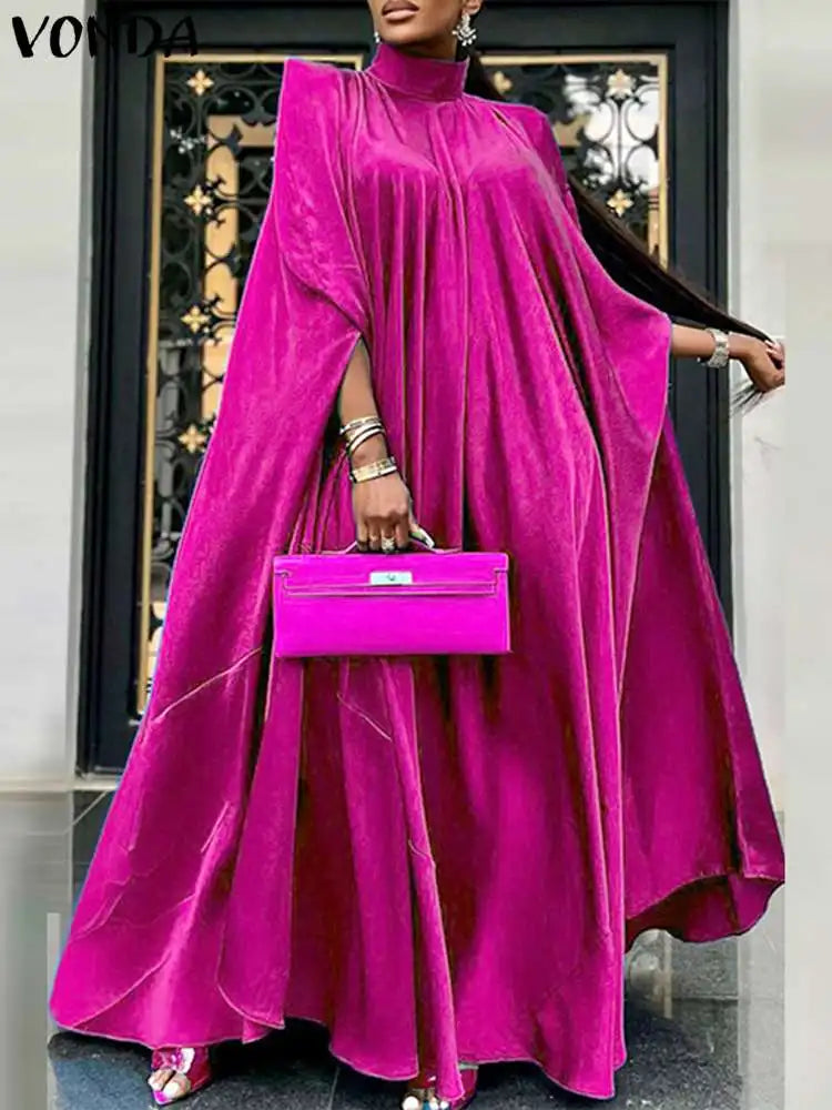Plus Size 5XL VONDA 2023 Women Stand Collar Elegant Satin Dress Long Bat Sleeve Evening Pleated Maxi Sundress Casual Solid Robe -