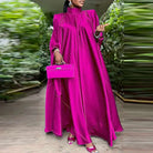 Plus Size 5XL VONDA 2023 Women Stand Collar Elegant Satin Dress Long Bat Sleeve Evening Pleated Maxi Sundress Casual Solid Robe -