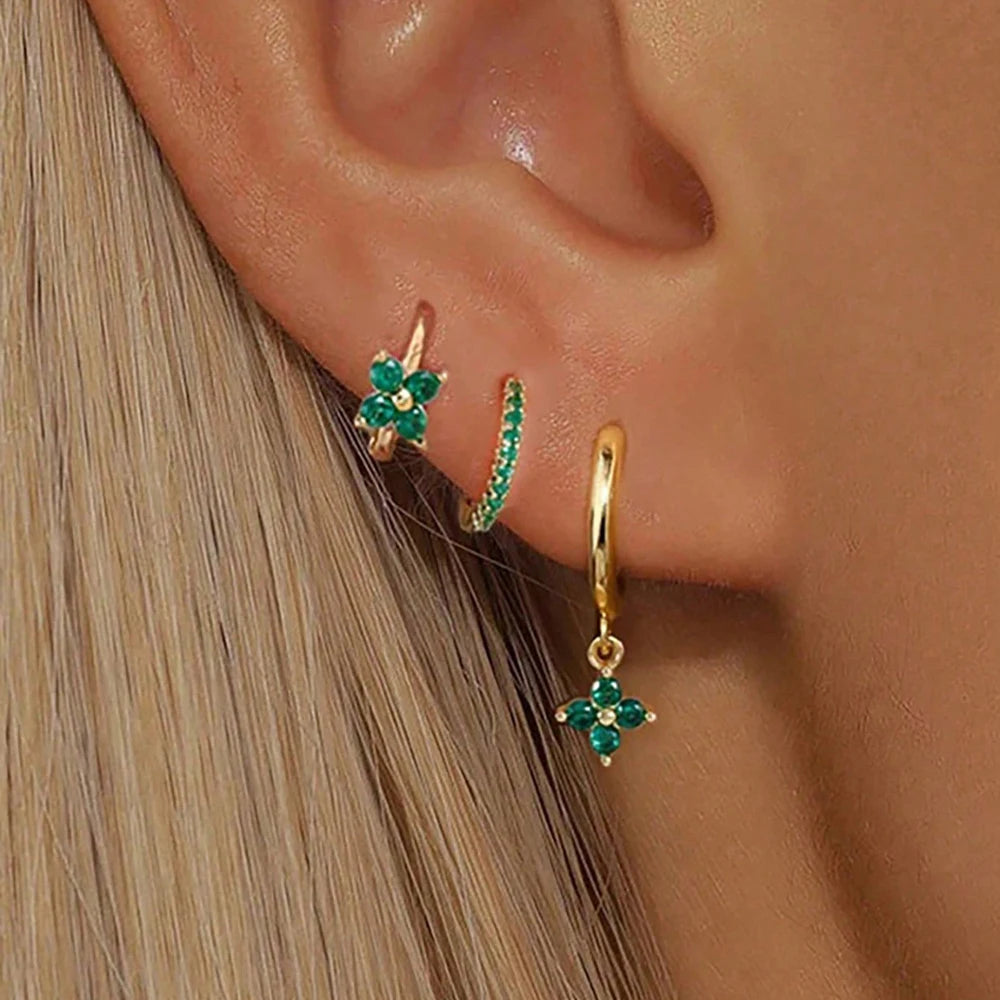 3PCS Stainless Steel Zircon Flower Earring Set for Women -