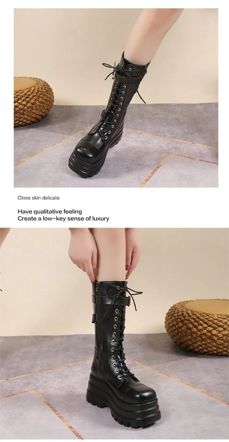 Plus Size 43 Autumn Women Boots Buckle Round Toe Wedges Platform Boots Punk Goth INS Women Street Shoes Combat Boots for Women -