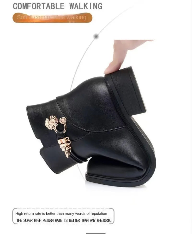 Winter Boots Women's Waterproof Warm Leather Mother Cotton Boots Fashion Black Mid heel Plush Snow Boots Soft Sole Short Boot -