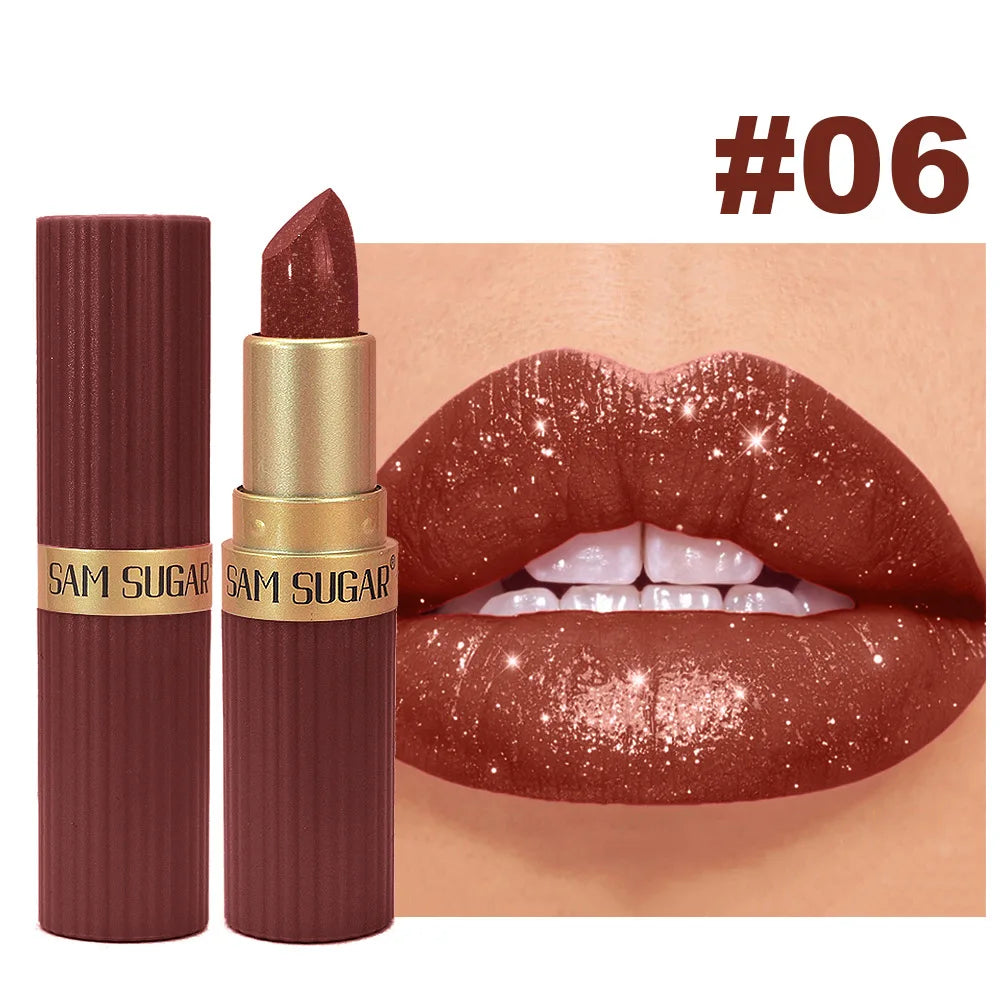 Pearlescent Pink Glitter Velvet Lipstick Metallic Waterproof Long Lasting Matte Shimmer Diamond Lipstick Women Makeup Cosmetic -
