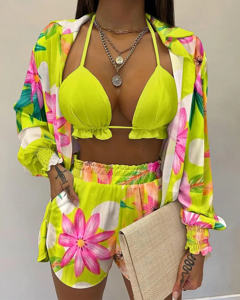 2024 New Bathing Suit Shorts Cover Up Summer Three Pieces Swimwear Sexy Beachwear High Waist Bikini Set Print Women's Swimsuit -