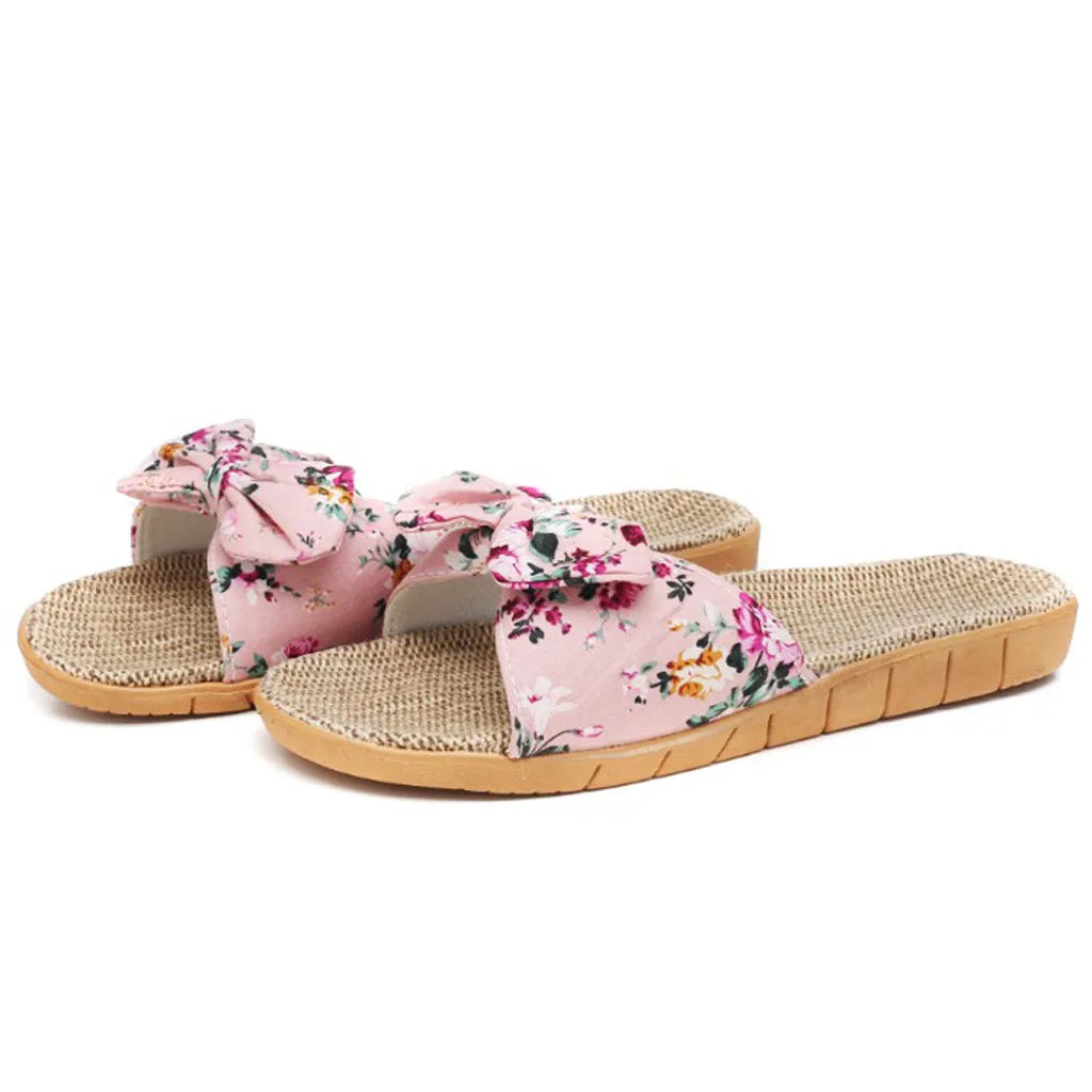Ladies' Bohemian Style Bow Flower Linen Slippers Sandals Beach Shoes Home Shoes Beach Slippers Indoor Non Slip Shoes 2024 -