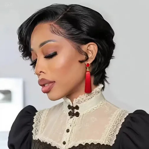 Refresh your style with this 13x4 lace frontal short human hair wig—featuring a trendy pixie cut and natural lace front for a flawless, stylish look! -