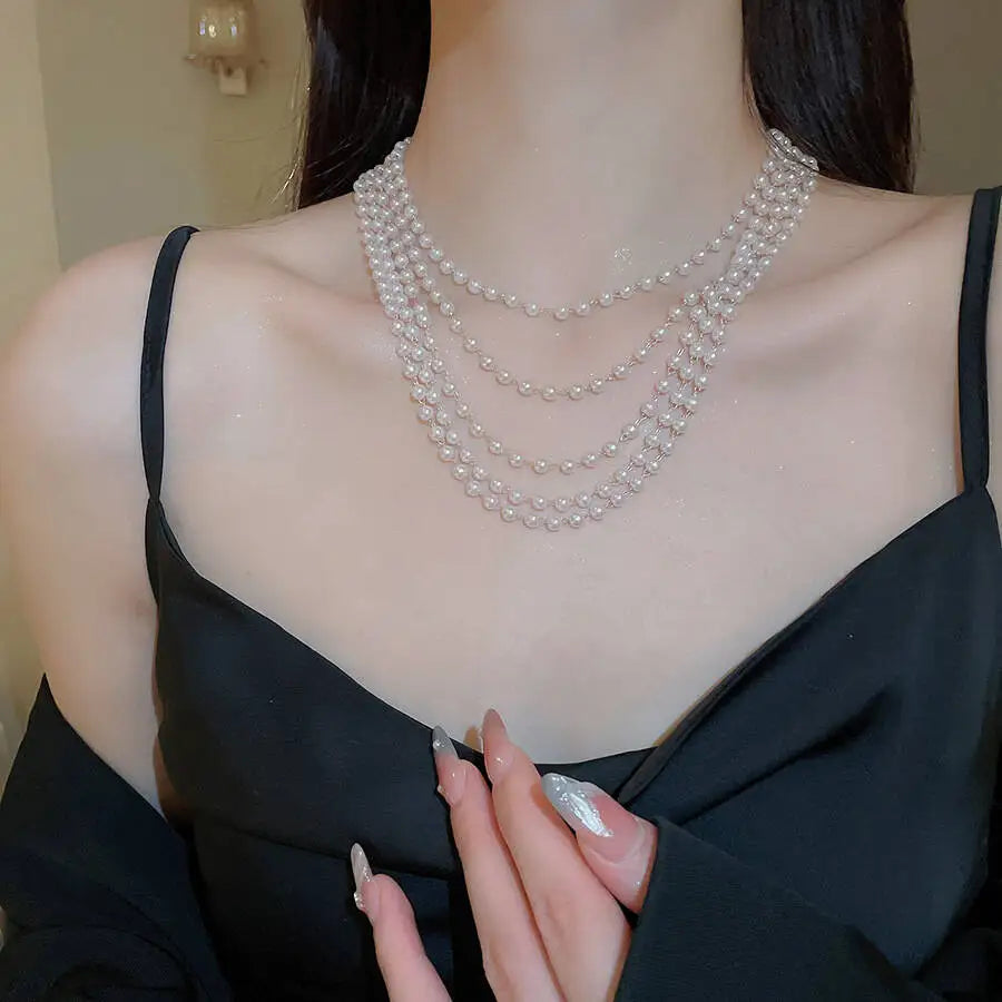 Multi-Layer Pearl Choker Necklace -