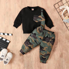 Dress your little guy sharp and comfy with this two-piece baby boy set—long-sleeved round neck top paired with stylish camouflage pants! -