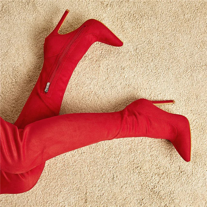 Eilyken Sexy Fashion Pointed Toe Over-The-Knee Boots Women Red Zipper High Heels Shoes Winter Striptease Motorcycle Long Botas -
