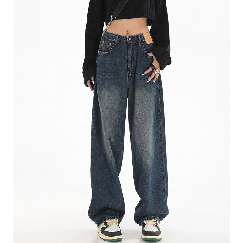 Embrace timeless style with these female classic retro high-waist baggy jeans—perfectly combining comfort and vintage flair! -