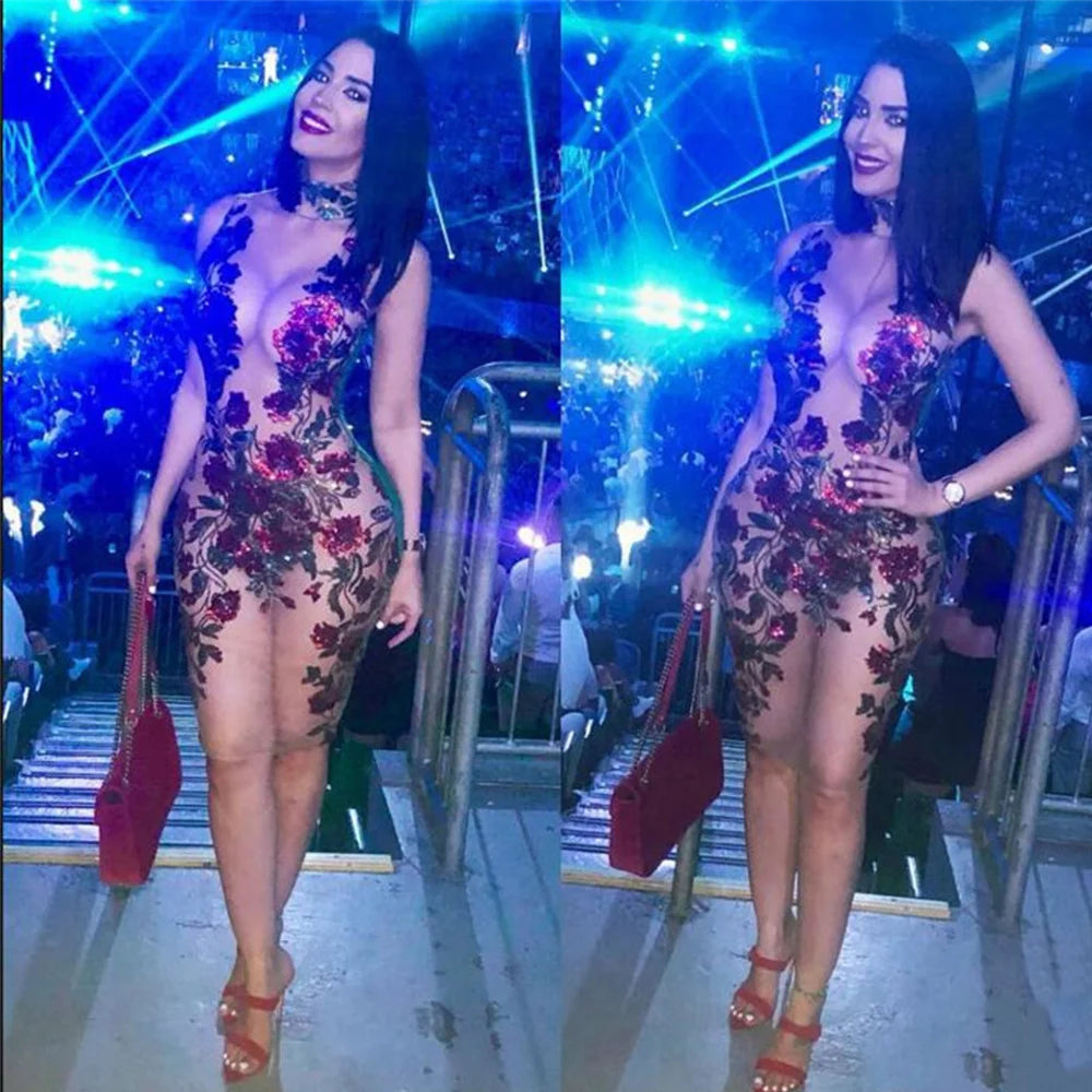 Sexy See through Mesh Red Sequin Mini Summer Dress Women Night club outfits cocktail Dresses Party wrap bodycon Dress vestidos -
