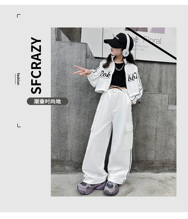 Teen children clothes Girl Dance Clothes Set Short Zipper Coat+Pants 2pcs Kids suit Tracksuits Clothing outfits 5 6 7 9 11 13 15 -