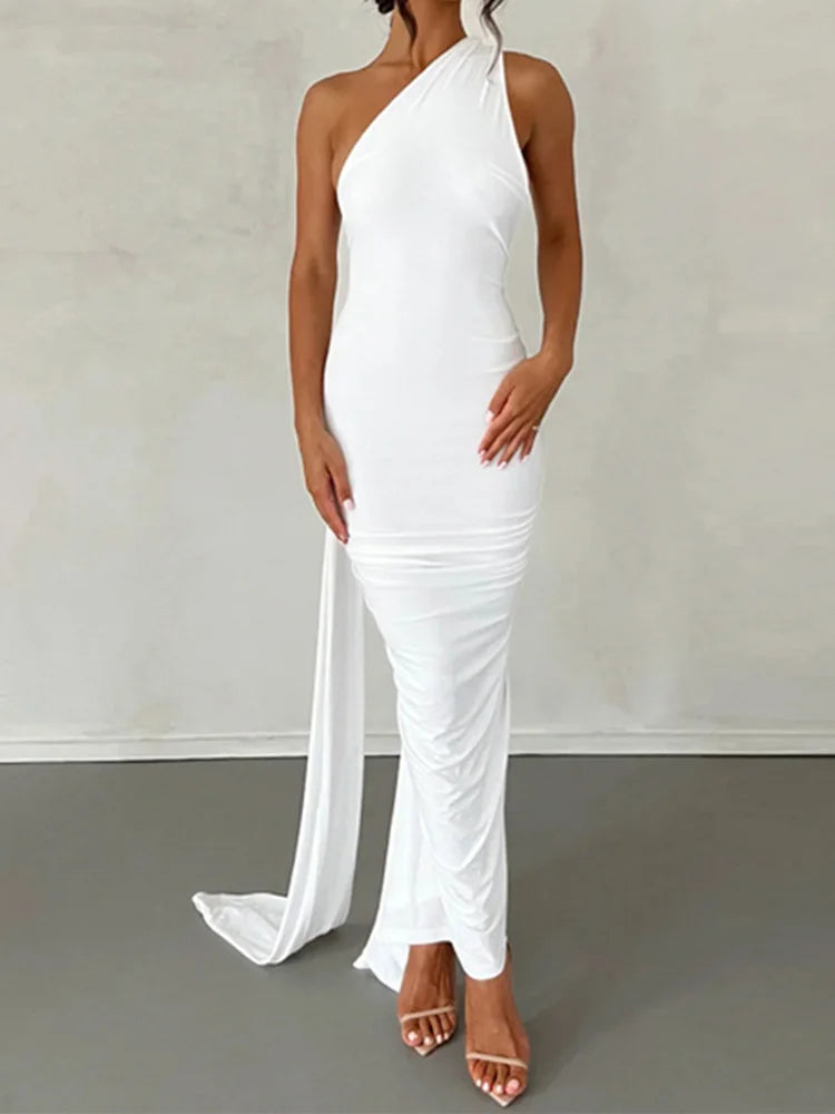 One Shoulder Sleeveless Backless Maxi Dress -