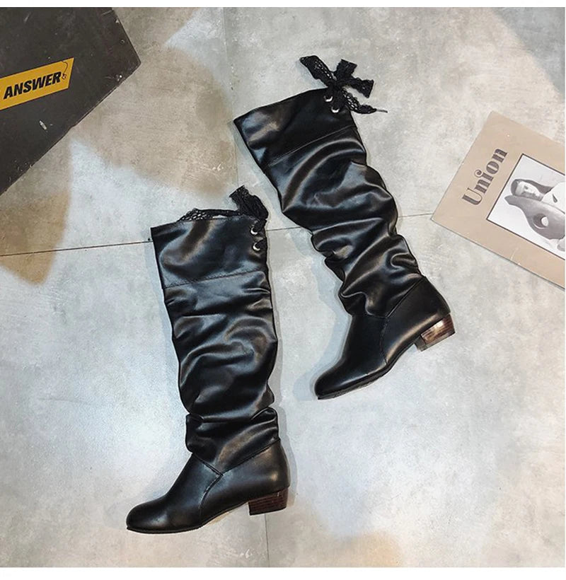 2023Shoes For Women Knee High Boots Red Black White Tall Boots Woman Pleated Low Heel Casual Leather Female Long Shoes -
