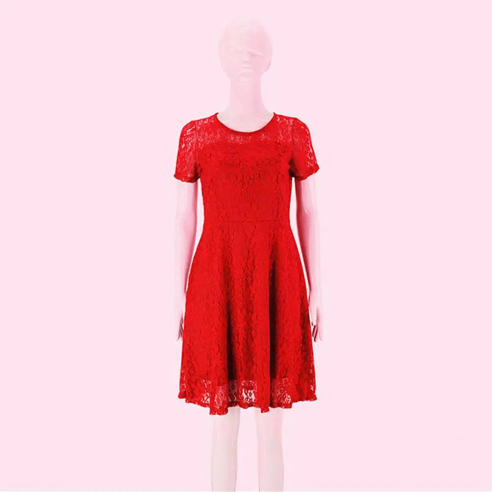 Make a chic statement with this elegant women's dress featuring an O-neck design, transparent lace, and hollow detail—a perfect choice for a sophisticated and stylish look. -