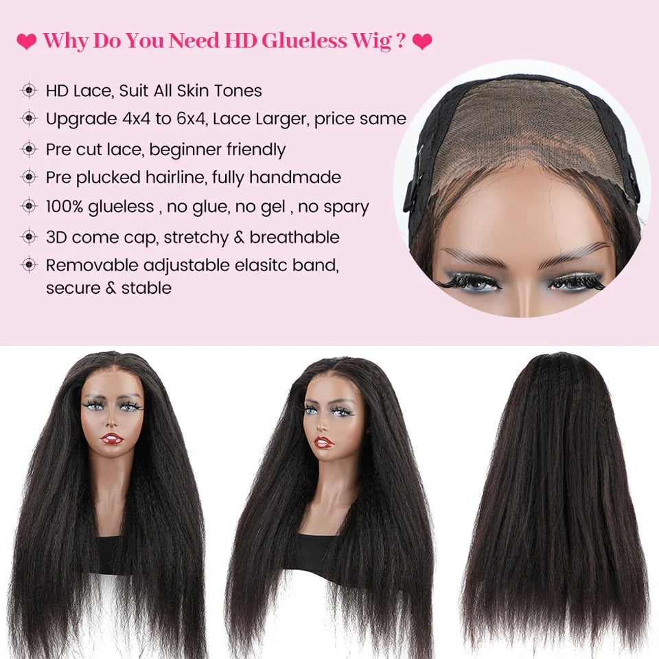 Wear Go Glueless Wigs ISEE Hair Brazilian Kinky Straight 7x5 HD 100% Glueless Preplucked Human Wigs Ready To Go Pre Cut No Glue -