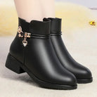 Winter Boots Women's Waterproof Warm Leather Mother Cotton Boots Fashion Black Mid heel Plush Snow Boots Soft Sole Short Boot -