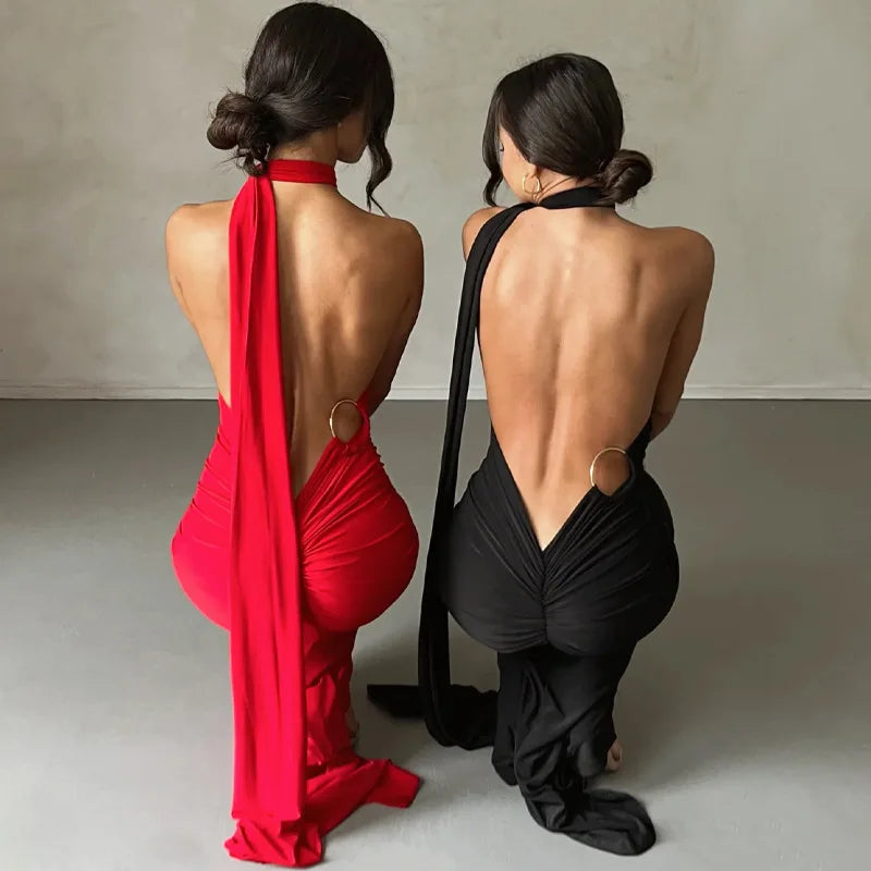 One Shoulder Sleeveless Backless Maxi Dress -