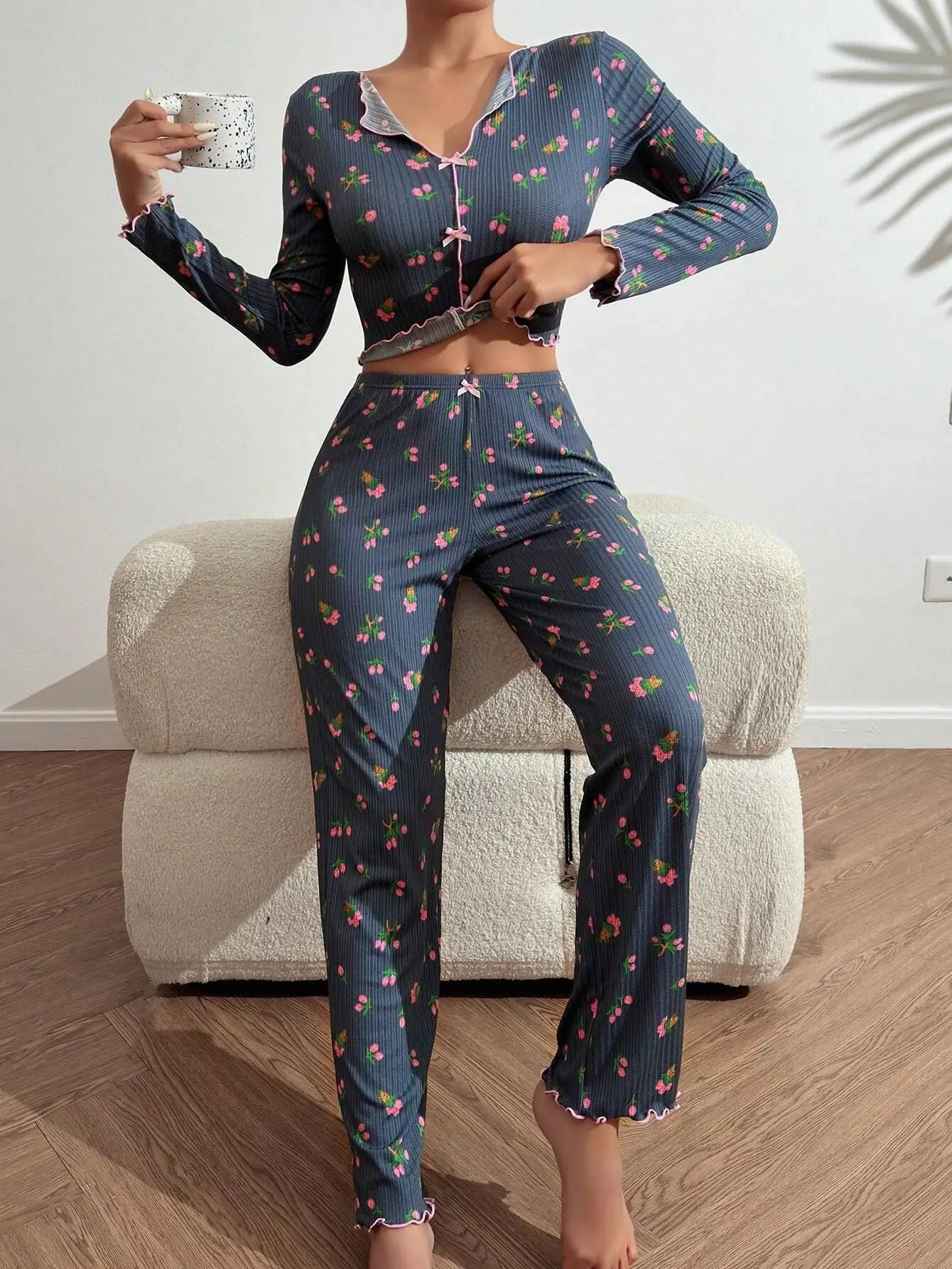 Y2K Cute Floral Ribbed Pajama Set Womens Long Sleeve V Neck Two Piece Sleepwear Homewear Autumn Winter Bow Lettuce Trim New Hot -