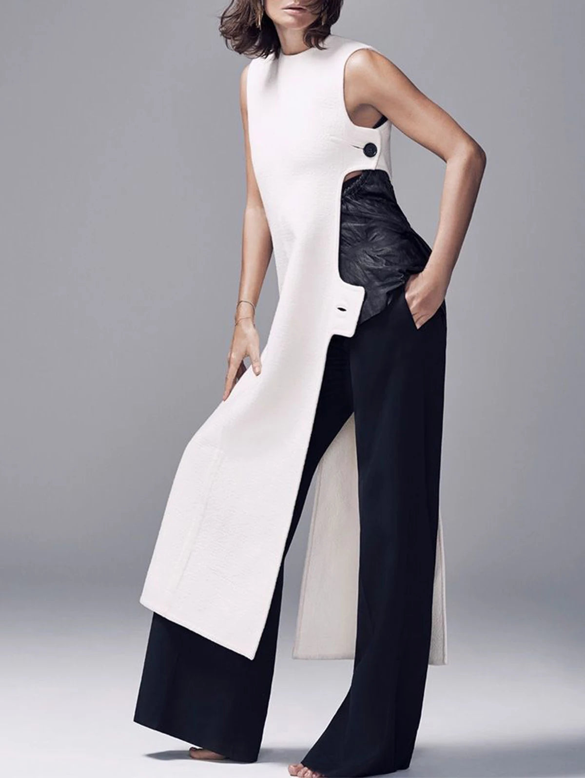 Fashion Plain Crew Neck Sleeveless Button Slit Dress Sexy Vintage Casual Chic Summer Slim Single Button High Street Long Dress -