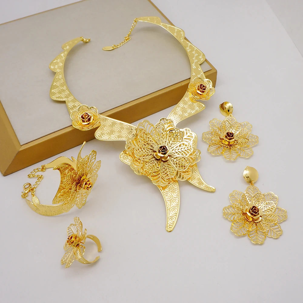 Flower Necklace Bracelet Earrings Ring Set -