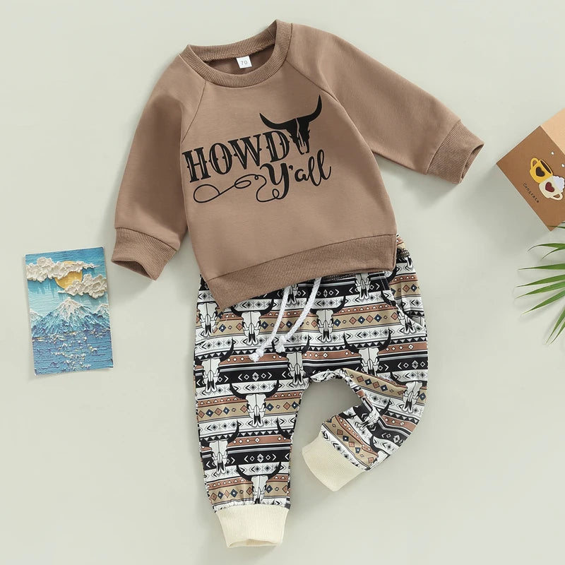 2pcs Autumn Causal Baby Boys Clothes Sets 0-3Y Long Sleeve Letter Cow Bull Print Sweatshirt Tops Drawstring Pants -