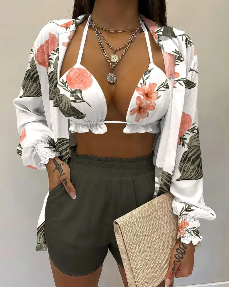 2024 New Bathing Suit Shorts Cover Up Summer Three Pieces Swimwear Sexy Beachwear High Waist Bikini Set Print Women's Swimsuit -