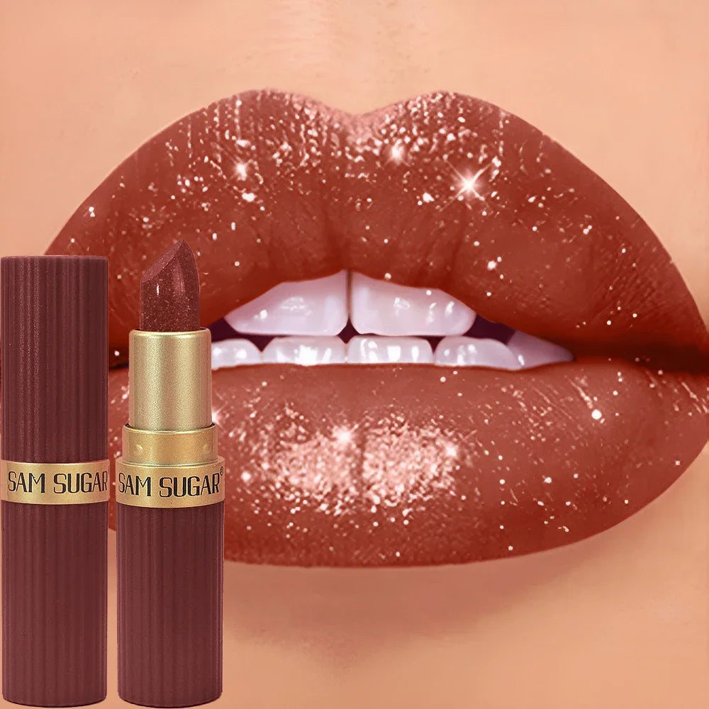 Chocolate Brown Luxurious Metallic Glitter Lipstick Long-Lasting Waterproof Non-Fade Shimmery Pearl Sparkling Lip Gloss Makeup -