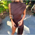 Elegant Women Pleated Irregular Patchwork Maxi Dress Chic Long Sleeve High Neack Dresses 2025 Summer Turtleneck Party Prom Gowns -