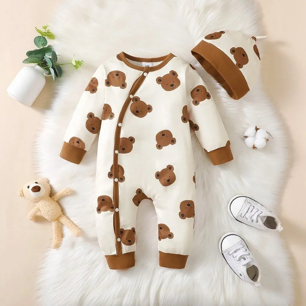 Keep your newborn baby boy cozy and adorable this spring with this 2-piece set—featuring a long-sleeved bear print romper and matching hat, perfect for ages 0-1 year! -