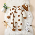 Keep your newborn baby boy cozy and adorable this spring with this 2-piece set—featuring a long-sleeved bear print romper and matching hat, perfect for ages 0-1 year! -