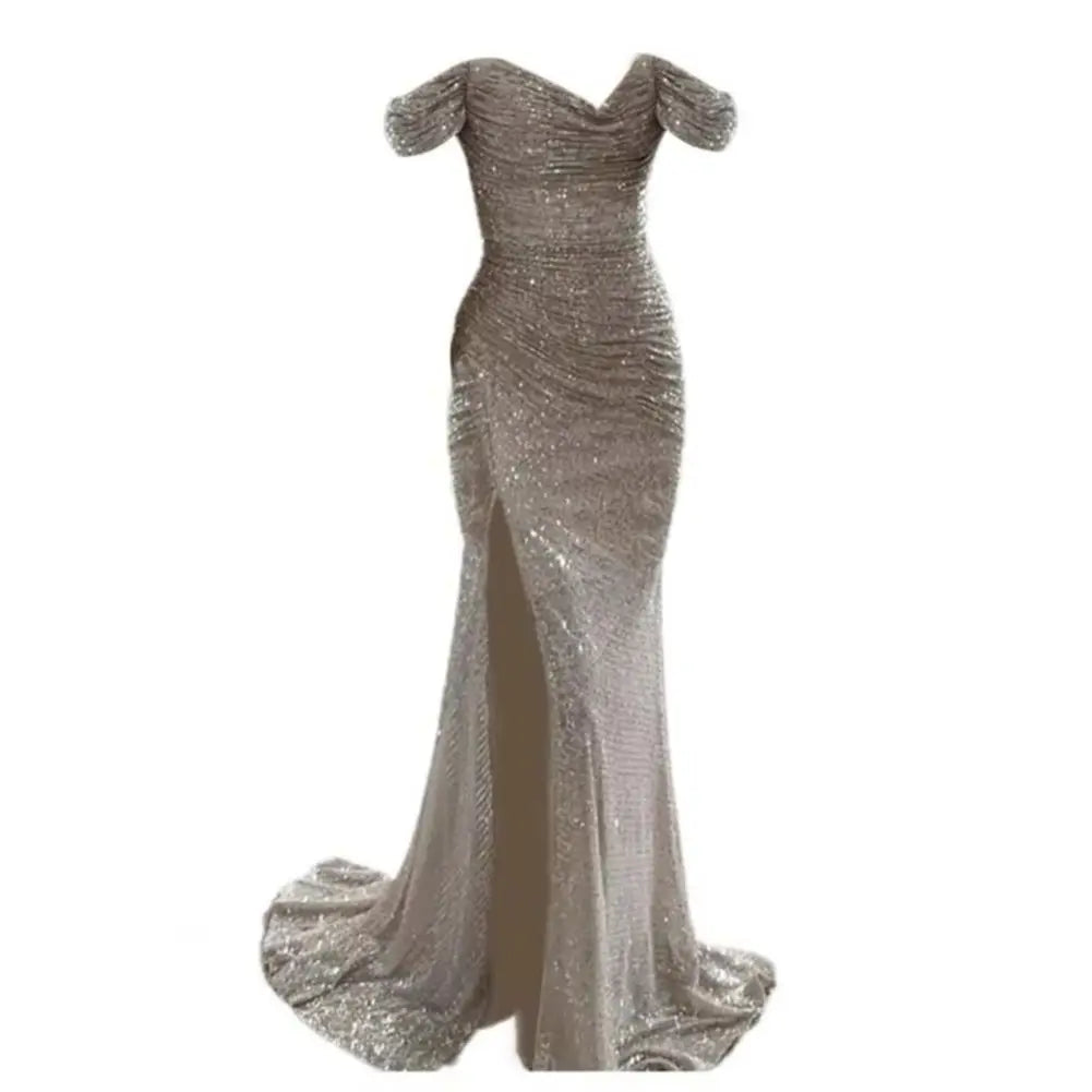 Dazzle in style with this sequin pleated maxi dress featuring short sleeves and a waist-tight silhouette—perfect for showcasing sophistication and glamour! -