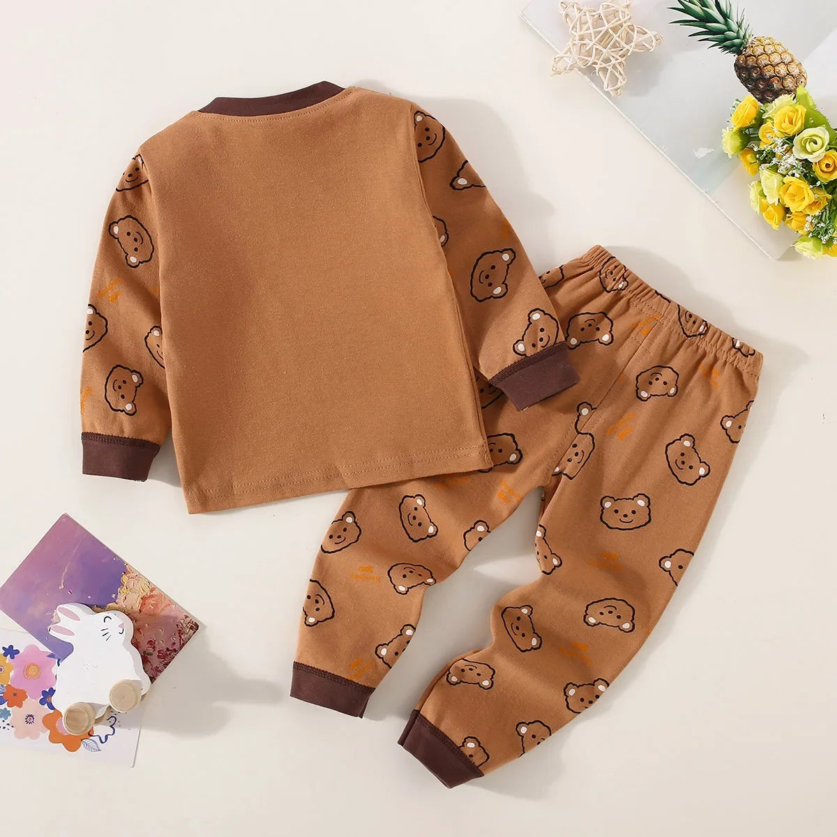 Toddler Boys Underwear Set Cotton Lettering And Bear Pattern Long Sleeve Top And Matching Pants Pajama Set -