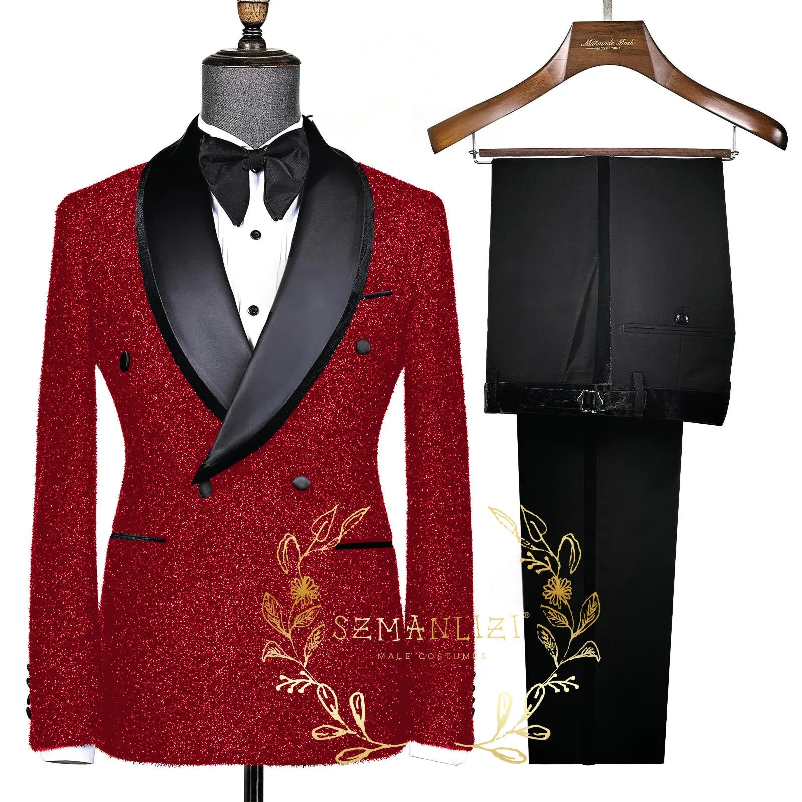 Fashion Shiny Black Men's Suits Slim Fit Double Breasted Shawl Lapel 2 Piece Jacket Pants Male Clothing Prom Party Outfits -