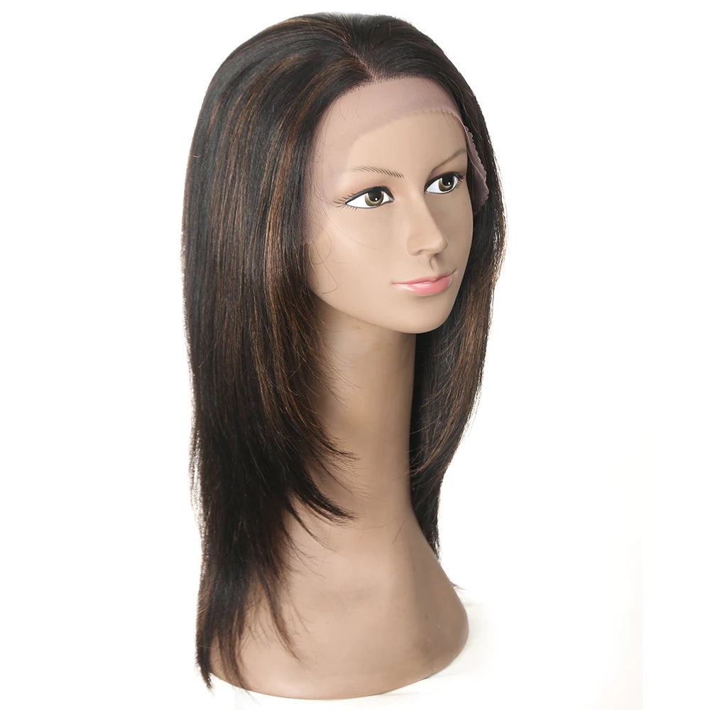 Turn heads with this sleek 18-inch 13x4 lace front Brazilian hair wig—straight, colored, and highlighted for a flawless, natural look! -