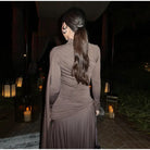 Elegant Women Pleated Irregular Patchwork Maxi Dress Chic Long Sleeve High Neack Dresses 2025 Summer Turtleneck Party Prom Gowns -