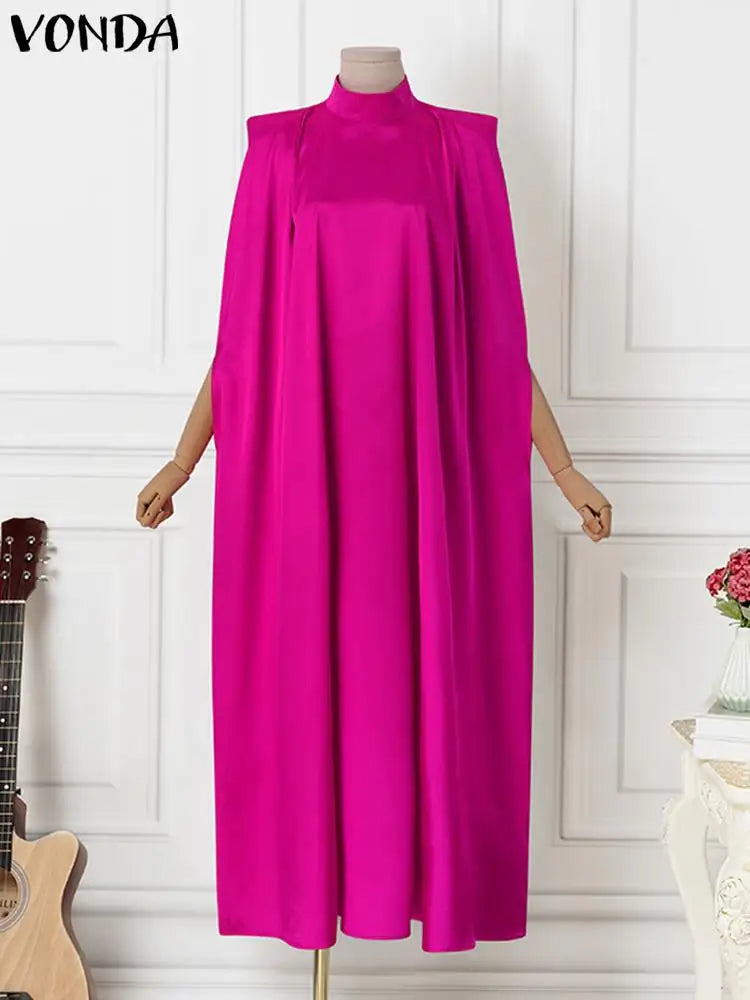 Plus Size 5XL VONDA 2023 Women Stand Collar Elegant Satin Dress Long Bat Sleeve Evening Pleated Maxi Sundress Casual Solid Robe -