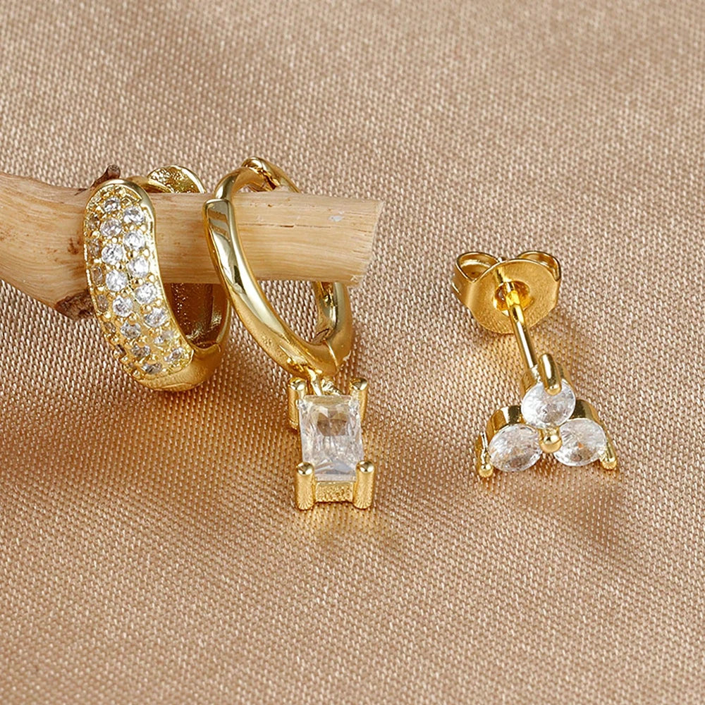 3PCS Stainless Steel Zircon Flower Earring Set for Women -