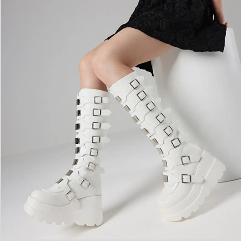 GIGIFOX Goth Metal Buckle Combat Mid-Calf Boots For Women Round Toe Platform Chunky High Wedges Cool Fashion Motorcycle Boots -